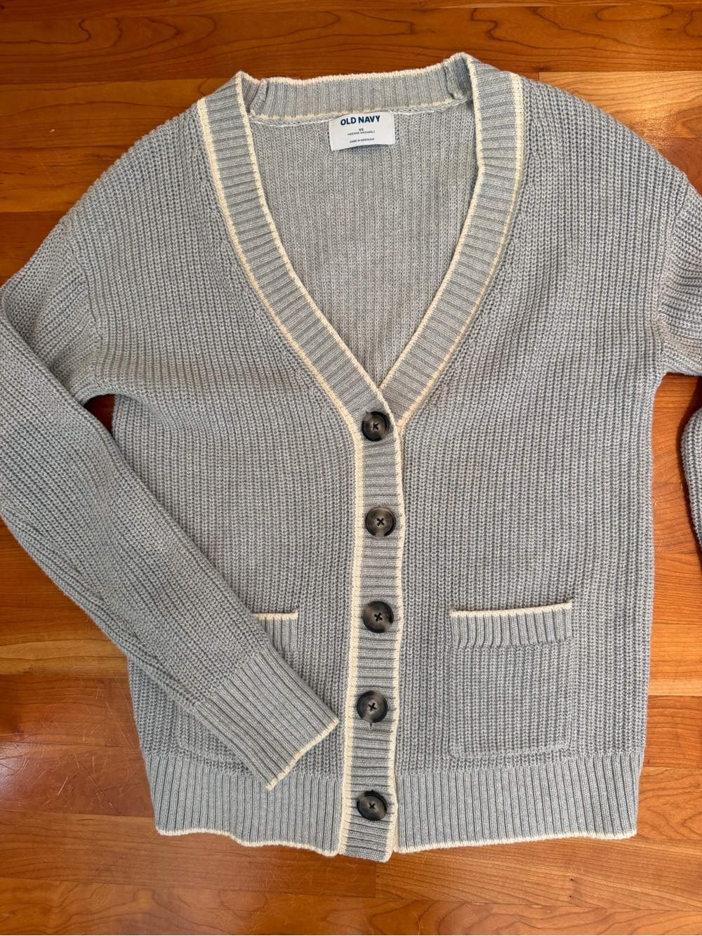 Old Navy Gray Ribbed Relaxed Cardigan Cream Trim V-Neck Sweater Size XS Like New